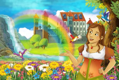 çizgi film masal Sahne alanında güzel prenses ile tam çiçek küçük şelale renkli gökkuşağı ve çocuklar için büyük kale illüstrasyon