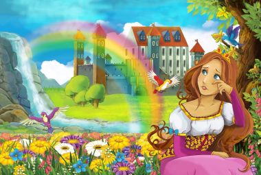 çizgi film masal Sahne alanında güzel prenses ile tam çiçek küçük şelale renkli gökkuşağı ve çocuklar için büyük kale illüstrasyon