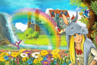 çizgi film masal Sahne alanında güzel prenses ile tam çiçek küçük şelale renkli gökkuşağı ve çocuklar için büyük kale illüstrasyon