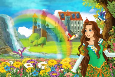 çizgi film masal Sahne alanında güzel prenses ile tam çiçek küçük şelale renkli gökkuşağı ve çocuklar için büyük kale illüstrasyon
