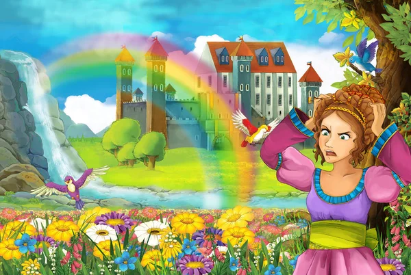 Escena Cuento Hadas Dibujos Animados Con Hermosa Princesa Campo Lleno — Foto de Stock