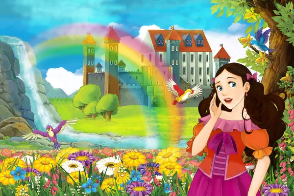 cartoon fairy tale scene with beautiful princess in the field full of flowers near small waterfall colorful rainbow and big castle illustration for children