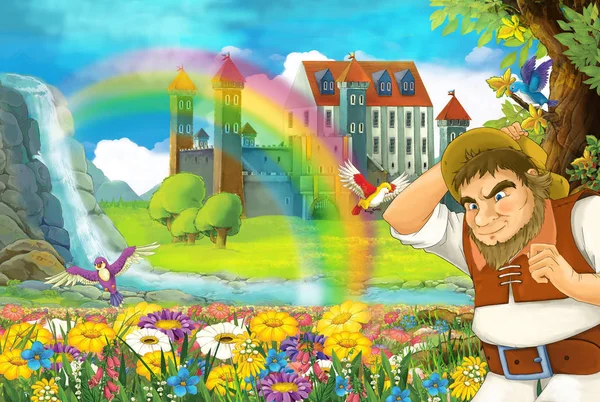 Cartoon scene with farmer running near the flower field beautiful rainbow waterfall and castle - illustration for children