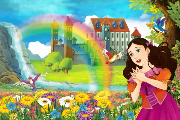 Cartoon Märchenszene Mit Schönen Prinzessin Auf Dem Feld Voller Blumen — Stockfoto