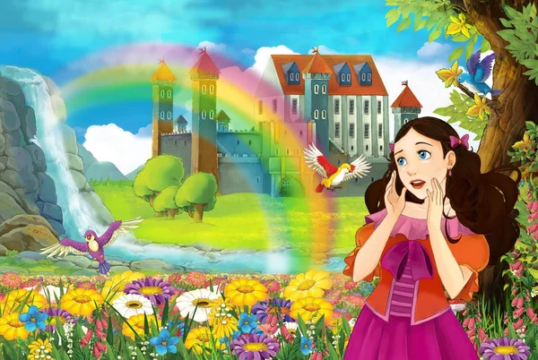 Cartoon Fairy Tale Scene Beautiful Princess Field Full Flowers Small — Stock Photo, Image