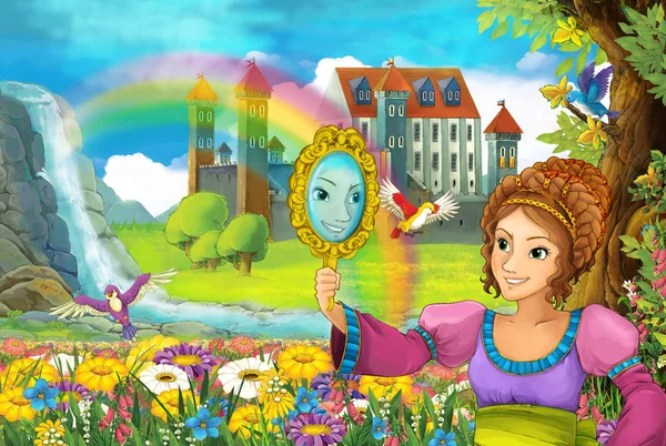 Cartoon Märchenszene Mit Schönen Prinzessin Auf Dem Feld Voller Blumen — Stockfoto