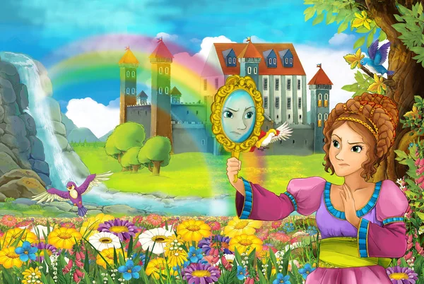 Scena Bajka Kreskówka Pięknej Księżniczki Polu Pełnym Kwiatów Pobliżu Mały — Zdjęcie stockowe