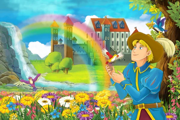 フィールドでハンサムな王子とおとぎ話のシーンを漫画小さな滝カラフルな虹と子供のための大きな城図の近くの花がいっぱい — ストック写真