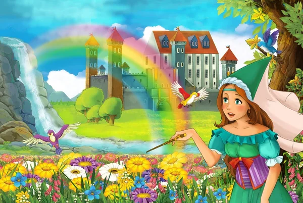 卡通童话场景与美丽的公主在田野里满是鲜花的小瀑布五颜六色的彩虹和大城堡儿童插画 — 图库照片
