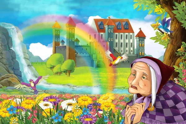 Scena Bajka Kreskówka Starszą Kobietę Polu Pełnym Kwiatów Pobliżu Mały — Zdjęcie stockowe