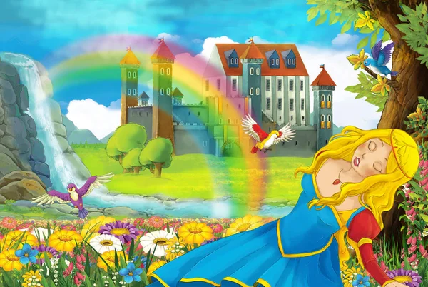 cartoon fairy tale scene with beautiful princess in the field full of flowers near small waterfall colorful rainbow and big castle illustration for children