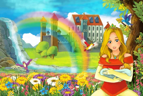 Cartoon Sprookje Scène Met Mooie Prinses Het Veld Vol Bloemen — Stockfoto