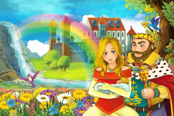 cartoon scene with king and princess - father and daughter talking illustration for children