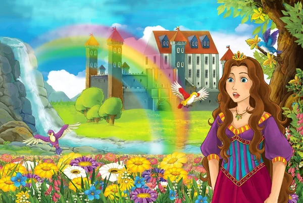 漫画おとぎ話のシーンにおいて美しい姫と小さな滝のカラフルな虹と子供のための大きな城図の近くの花がいっぱい — ストック写真