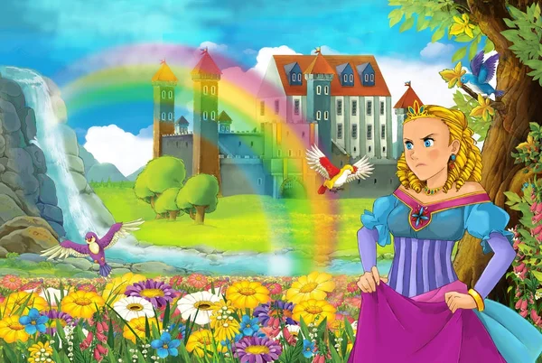 Cartoon Märchenszene Mit Schönen Prinzessin Auf Dem Feld Voller Blumen — Stockfoto