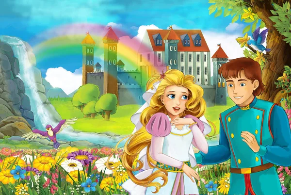 cartoon fairy tale scene with beautiful prince and princess in the field full of flowers near small waterfall colorful rainbow and big castle illustration for children