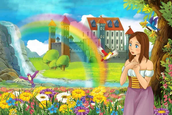 漫画おとぎ話のシーンにおいて美しい姫と小さな滝のカラフルな虹と子供のための大きな城図の近くの花がいっぱい — ストック写真