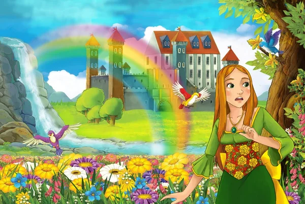 Cartoon Fairy Tale Scene Beautiful Princess Field Full Flowers Small — Stock Photo, Image