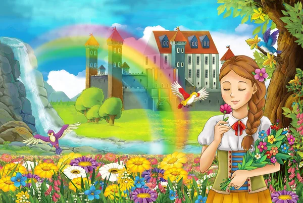 Cartoon Sprookje Scène Met Mooie Prinses Het Veld Vol Bloemen — Stockfoto