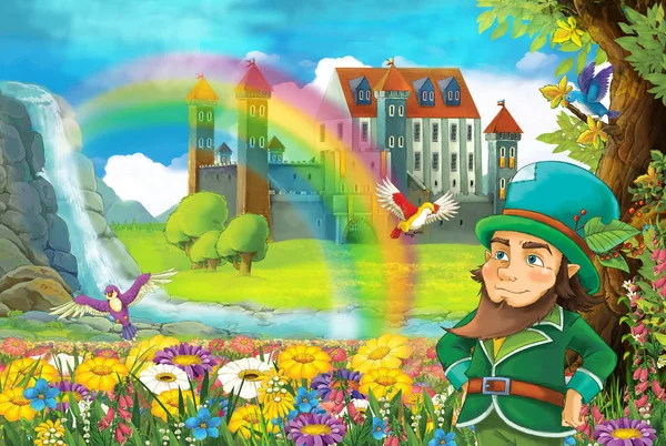 Cartoon Fairy Tale Scene Smiling Dwarf Field Full Flowers Small — Stock Photo, Image