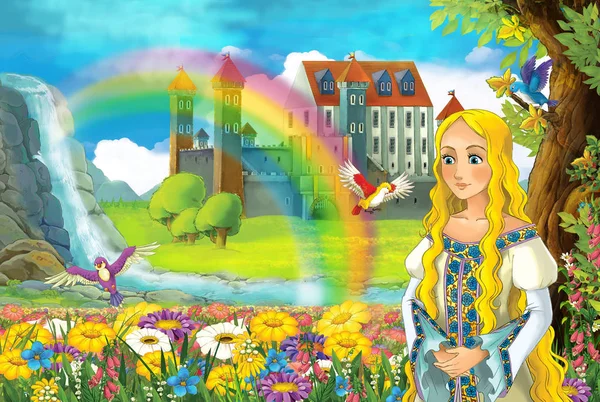 Cartoon Märchenszene Mit Schönen Prinzessin Auf Dem Feld Voller Blumen — Stockfoto