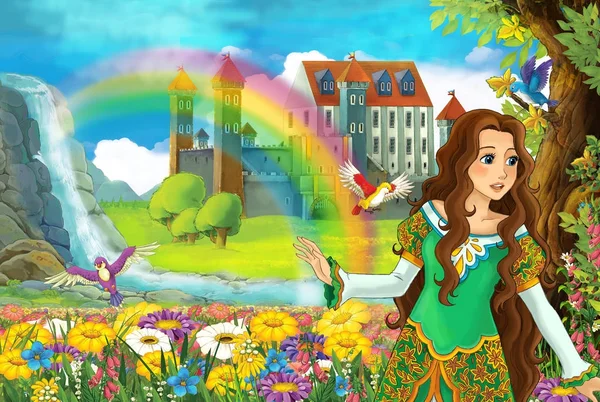 Cartoon Märchenszene Mit Schönen Prinzessin Auf Dem Feld Voller Blumen — Stockfoto