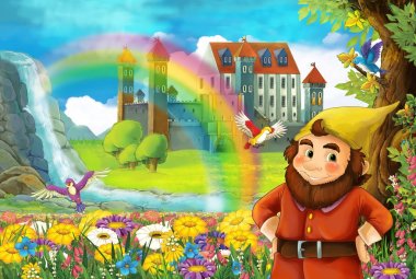 çizgi film masal Sahne alanında gülümseyen cüce ile tam çiçek küçük şelale renkli gökkuşağı ve çocuklar için büyük kale illüstrasyon 