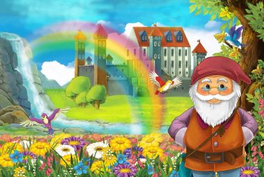 çizgi film masal Sahne alanında gülümseyen cüce ile tam çiçek küçük şelale renkli gökkuşağı ve çocuklar için büyük kale illüstrasyon