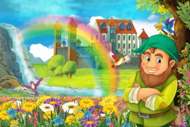 çizgi film masal Sahne alanında gülümseyen cüce ile tam çiçek küçük şelale renkli gökkuşağı ve çocuklar için büyük kale illüstrasyon