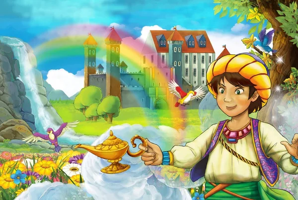 cartoon fairy tale scene with handsome prince in the field full of flowers near small waterfall colorful rainbow and big castle illustration for children