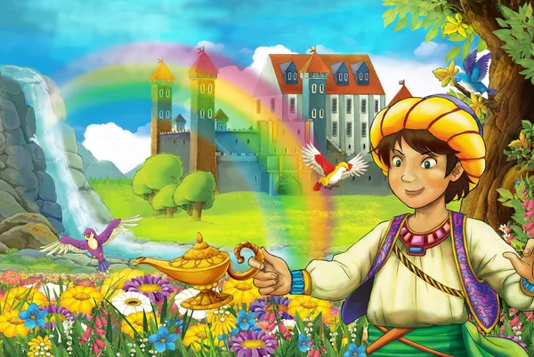 Cartoon Märchenszene Mit Gutaussehendem Prinzen Blumengeschmückten Feld Der Nähe Des — Stockfoto