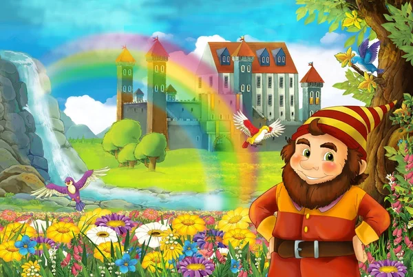 cartoon fairy tale scene with smiling dwarf in the field full of flowers near small waterfall colorful rainbow and big castle illustration for children