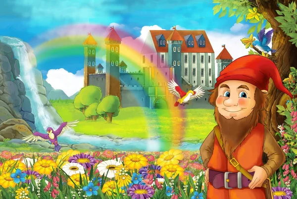 漫画おとぎ話のシーンにおいて笑顔のドワーフと小さな滝カラフルな虹と子供のための大きな城図の近くの花がいっぱい — ストック写真