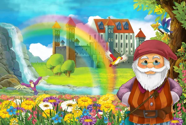 Cartoon Fairy Tale Scene Smiling Dwarf Field Full Flowers Small — Stock Photo, Image