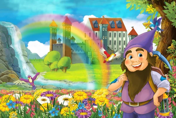 Cartoon Märchenszene Mit Lächelndem Zwerg Blumengeschmückten Feld Der Nähe Des — Stockfoto