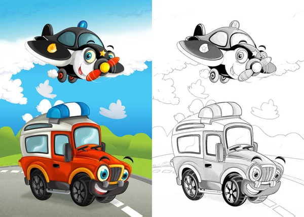 卡通场面与愉快的路汽车在路和飞机飞行与着色页例证为孩子 — 图库照片