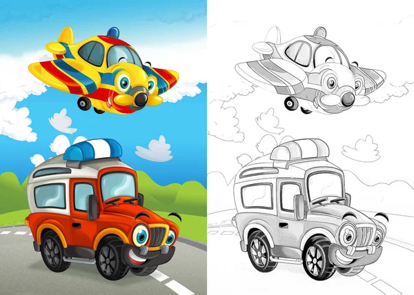 cartoon scene with happy off road car on the road and plane flying with coloring page illustration for children