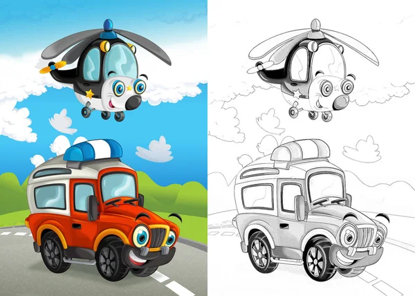 卡通场面与愉快的路汽车在路和直升机飞行与着色页例证为孩子 — 图库照片