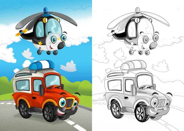 cartoon scene with happy off road car on the road and helicopter flying with coloring page illustration for children