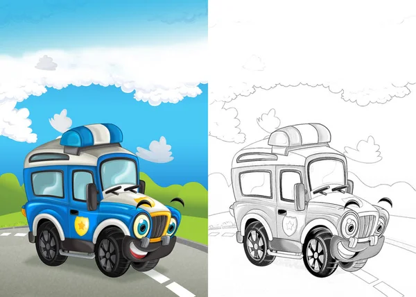 Escena Dibujos Animados Con Feliz Coche Carretera Carretera Con Ilustración — Foto de Stock