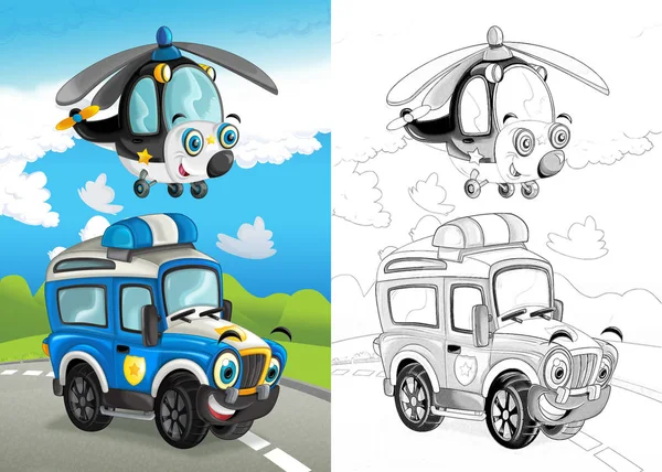 Cartoon Scene Happy Police Team Road Car Road Plane Flying — Stock Photo, Image