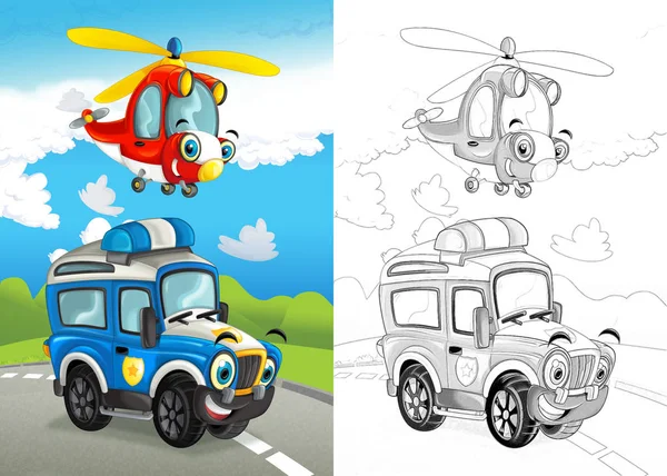 Kreslený Scény Happy Road Auta Silnici Vrtulník Létání Zbarvení Stránky — Stock fotografie