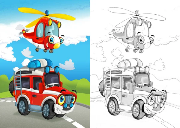 cartoon scene with happy fireman off road car on the road and helicopter flying with coloring page illustration for children
