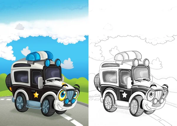 cartoon scene with happy off road car on the road with coloring page illustration for children