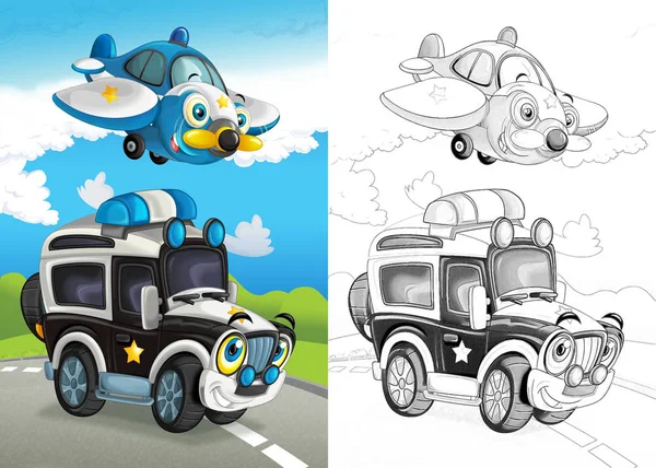 cartoon scene with happy police team off road car on the road and plane flying with coloring page illustration for children