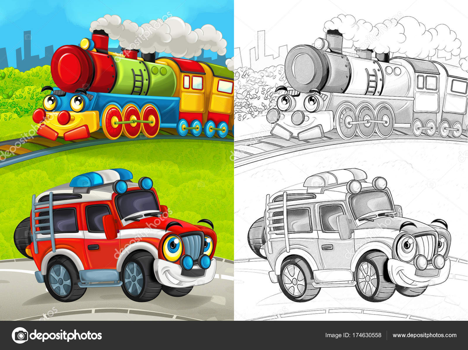 Cartoon Scene Happy Fireman Car Road Train Coloring Page Illustration Stock Photo Image By C Illustrator Hft 174630558