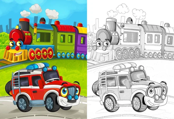 cartoon scene with happy fireman car on the road and train with coloring page illustration for children