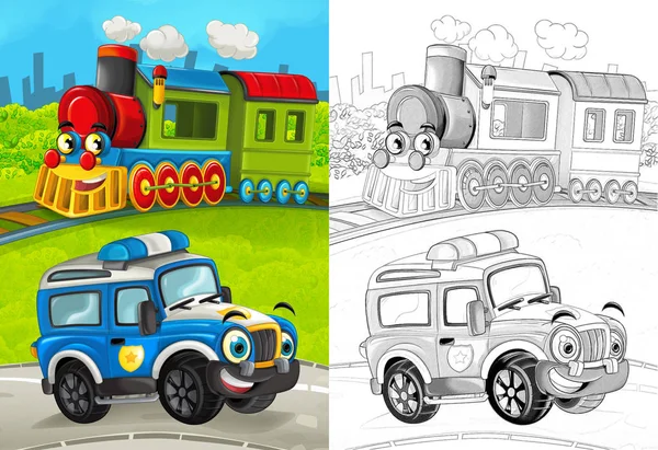 cartoon scene with happy police car on the road and train with coloring page illustration for children