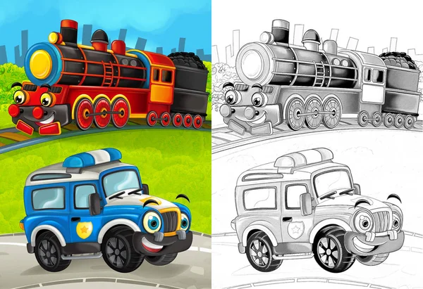 Escena Dibujos Animados Con Coche Policía Feliz Carretera Tren Con — Foto de Stock