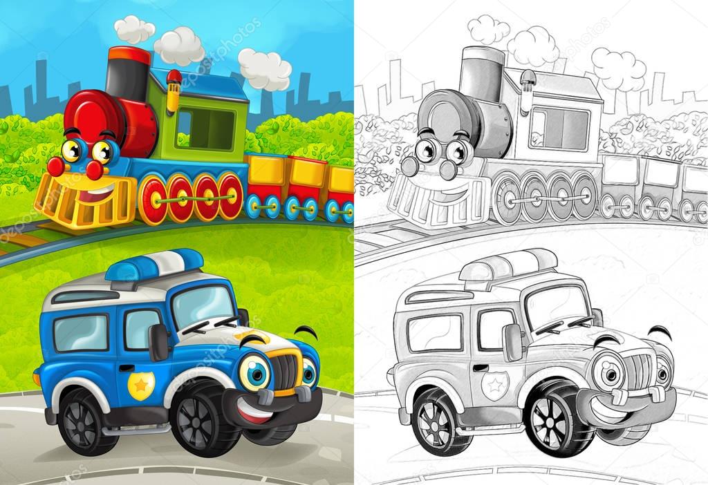 cartoon scene with happy police car on the road and train with coloring page illustration for children